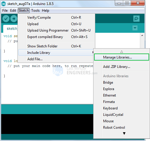 Arduino Library Installation - Selecting Manage Libraries in Arduino IDE