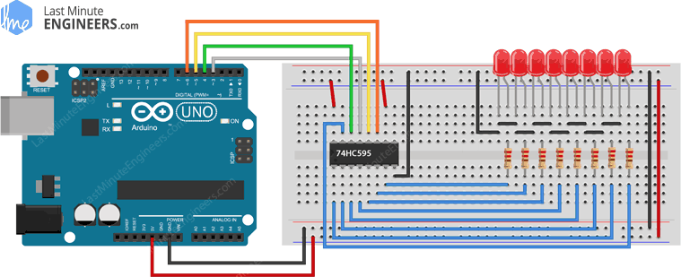 Arduino PWM Brightness Control Wiring Fritzing Connections with 74HC595 Shift Register