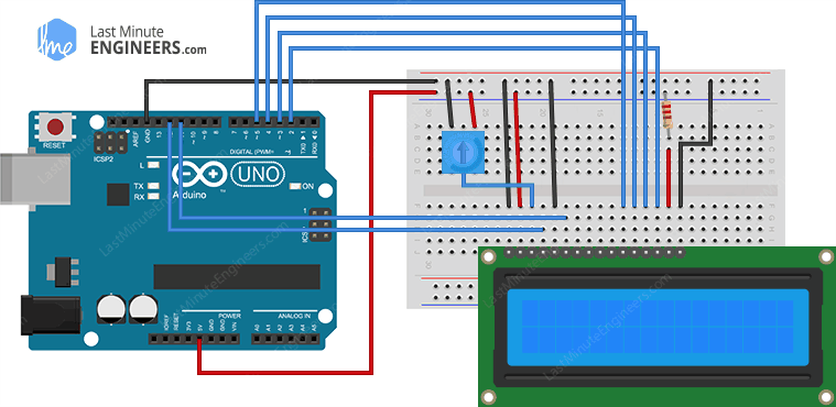 Arduino Wiring Fritzing Connections with 16x2 Character LCD