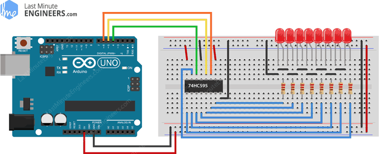 Arduino Wiring Fritzing Connections with 74HC595 Shift Register