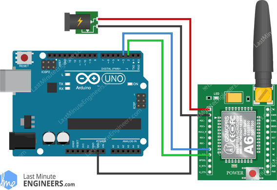 Arduino Wiring Fritzing Connections with A6 GSM GPRS Module - External Power Supply