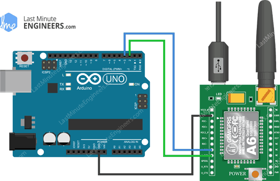 Arduino Wiring Fritzing Connections with A6 GSM GPRS Module - USB Power Supply