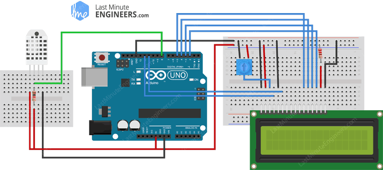 Arduino Wiring Fritzing Connections with DHT22 and 16x2 Character LCD