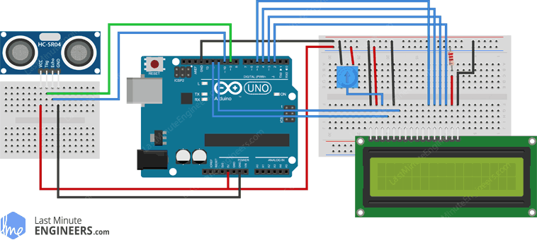 Arduino Wiring Fritzing Connections with HC-SR04 Ultrasonic Sensor and 16x2 LCD