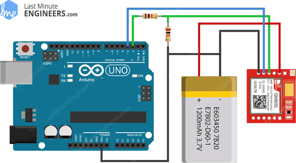 Arduino Wiring Fritzing Connections with SIM800L GSM GPRS Module & 3.7V LiPo Battery