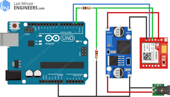Arduino Wiring Fritzing Connections with SIM800L GSM GPRS Module & LM2596