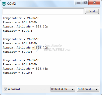 BME280 Temperature Humidity Pressure & Altitude Output On Serail Monitor