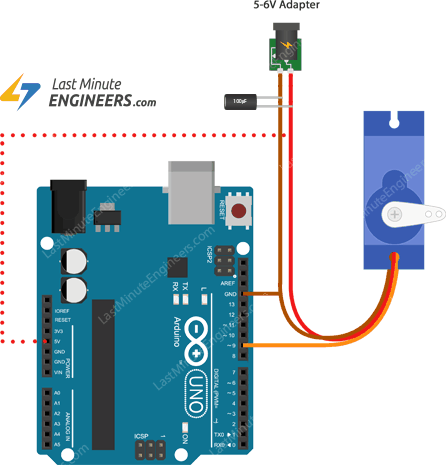 connecting servo motor with capacitor to arduino uno