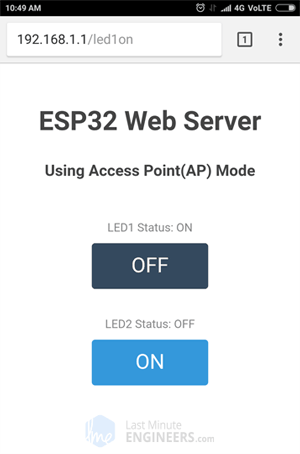 ESP32 Web Server Access Point Mode Web Page - LED Control