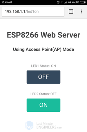 ESP8266 NodeMCU Web Server Access Point Mode Web Page - LED Control
