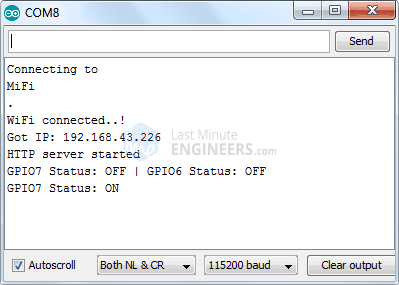 ESP8266 NodeMCU Web Server Station Mode Serial Monitor Output - LED Control