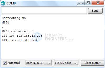 ESP8266 NodeMCU Web Server Station Mode Serial Monitor Output - Server Started