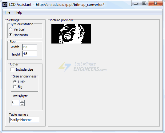 LCD Assistant Converts Bitmap Image to Data Array For LCD,OLED,Graphic Displays