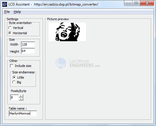 LCD Assistant Converts Bitmap Image to Data Array For LCDOLEDGraphic Displays