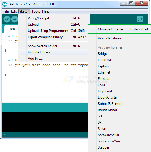 Arduino Library Installation - Selecting Manage Libraries in Arduino IDE