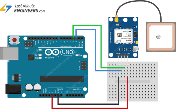 Wiring Connections NEO-6M GPS Module to Arduino UNO