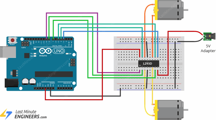 wiring l293d motor driver ic with dc motors arduino