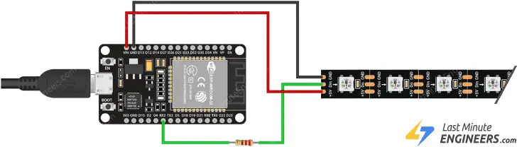 connecting ws2812b addressable led strip to esp32 usb powered