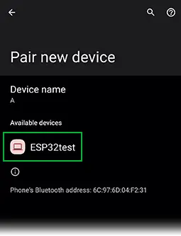 select esp32test from all discovered devices